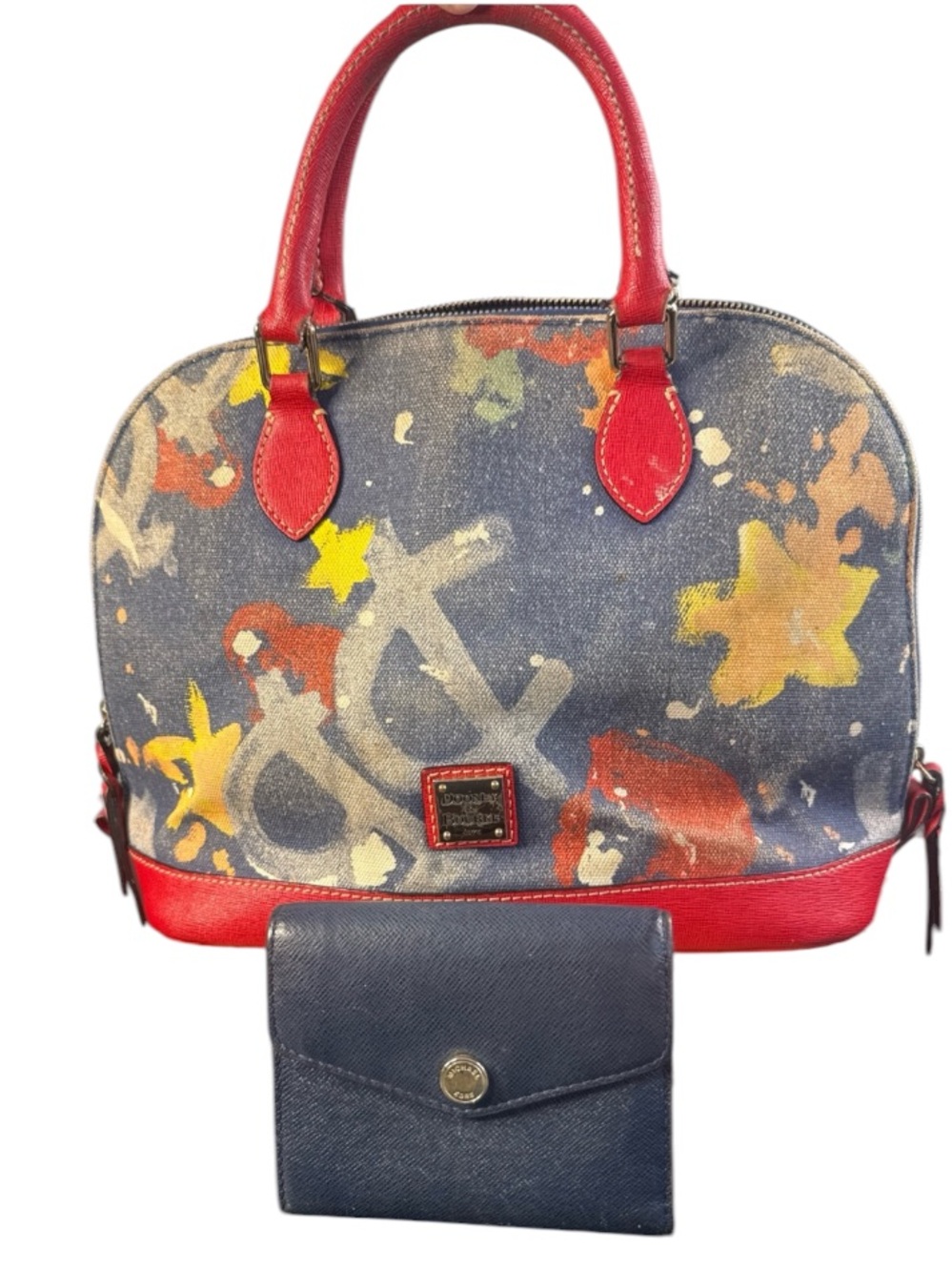 Dooney & Bourke Denim Paint-Splash Satchel with Red Trim and Navy Wallet